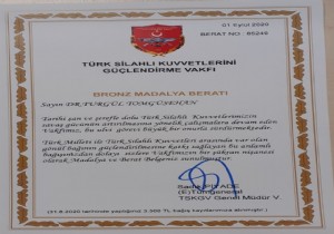 TSK Güçlendirme Vakfından Turgül Tomgüsehana Bronz Madalya Beratı